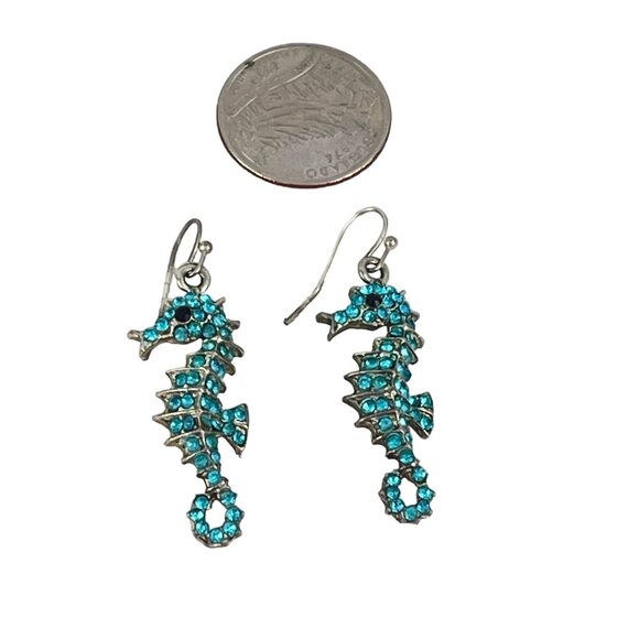 Vintage Seahorse Earrings With Aqua Rhinestones - Picture 5 of 8